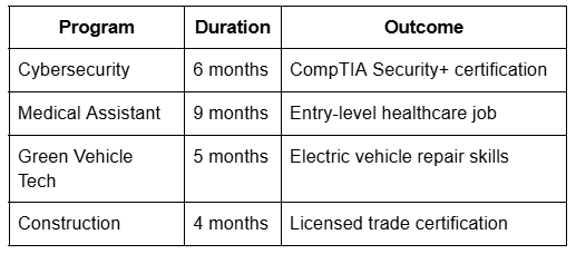 Program, Duration, Outcome Table
