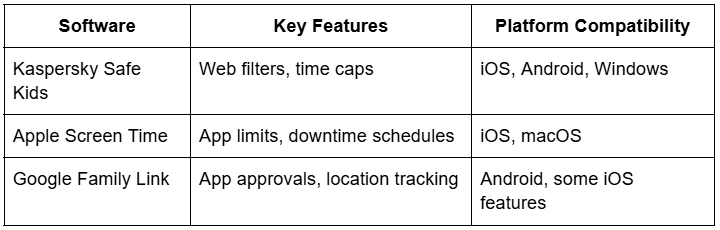 Software, Key Feature Table