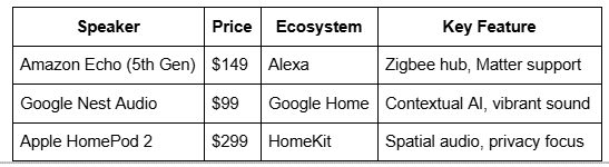 Speaker, Price, Ecosystem, Key Feature Table