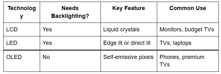 Technology, Key Feature Table