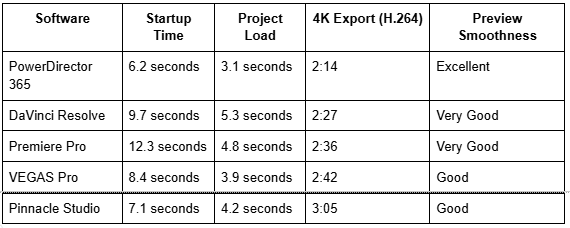 software, startup time table