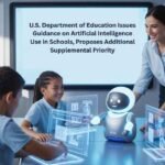 Students using AI tools in a modern classroom setting