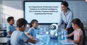 Students using AI tools in a modern classroom setting
