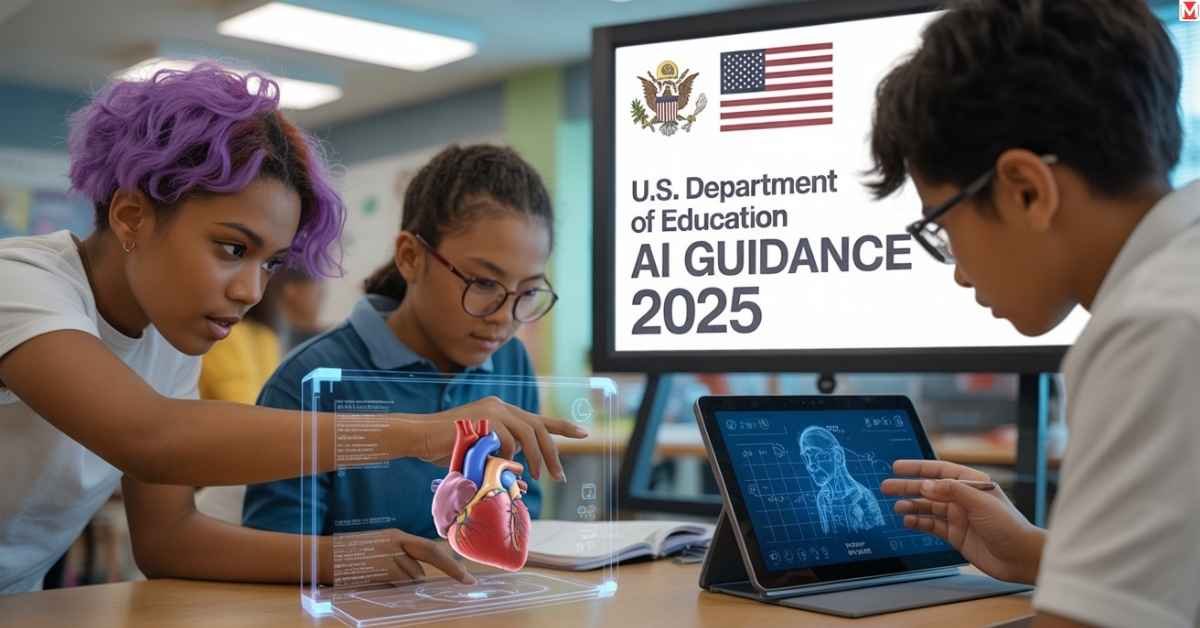 Students using AI tools in a modern classroom setting