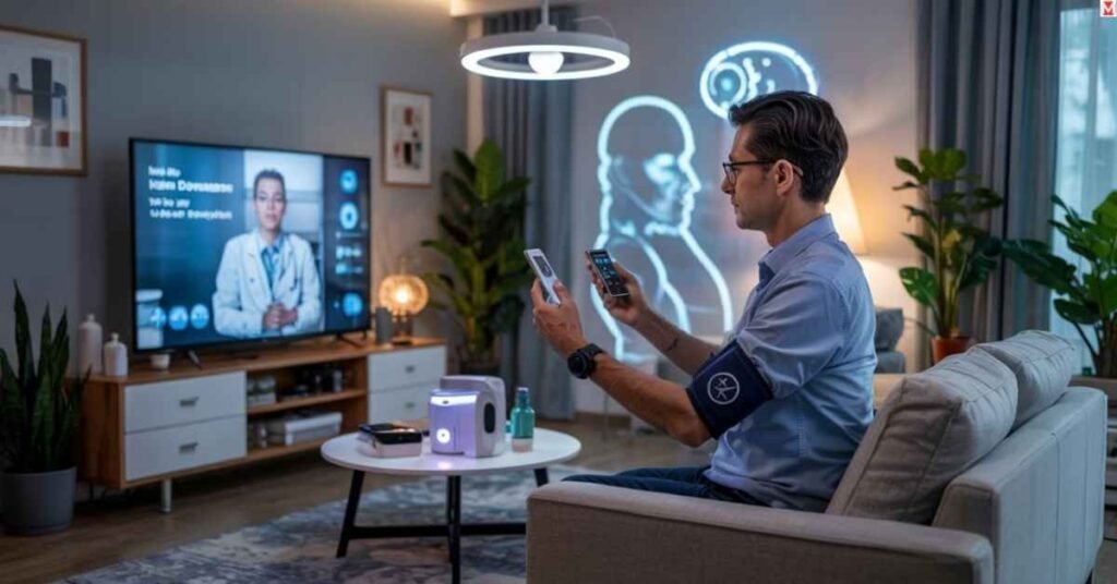 Futuristic healthcare tech including AI, wearables, and telemedicine