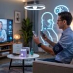 Futuristic healthcare tech including AI, wearables, and telemedicine