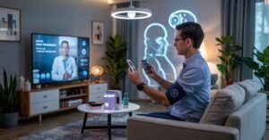 Futuristic healthcare tech including AI, wearables, and telemedicine