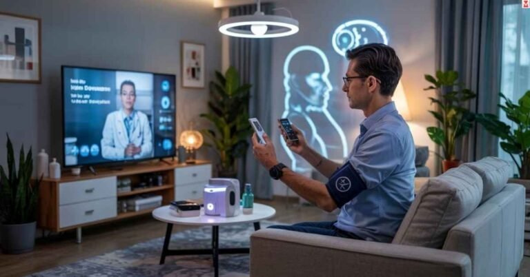 Futuristic healthcare tech including AI, wearables, and telemedicine