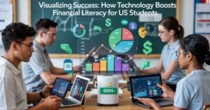 Students using laptops and apps to understand financial concepts