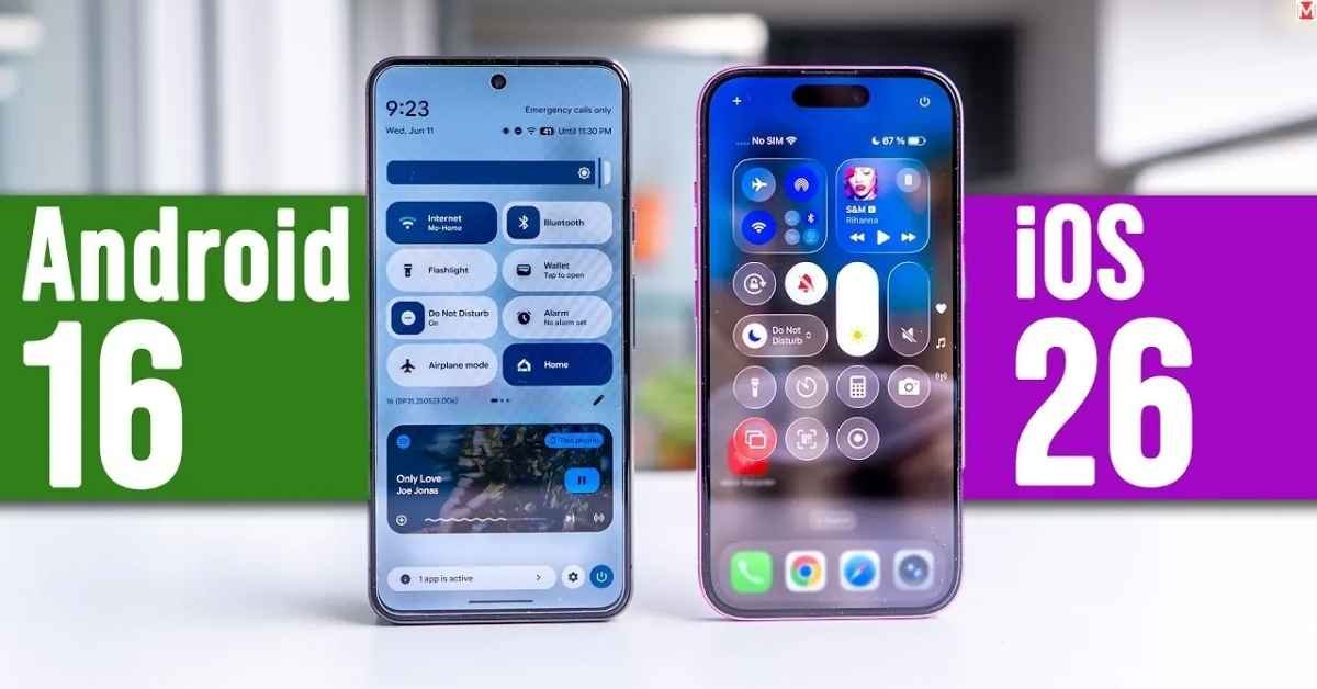 iPhone displaying iOS 26 Home and Lock screens with translucent Liquid Glass UI