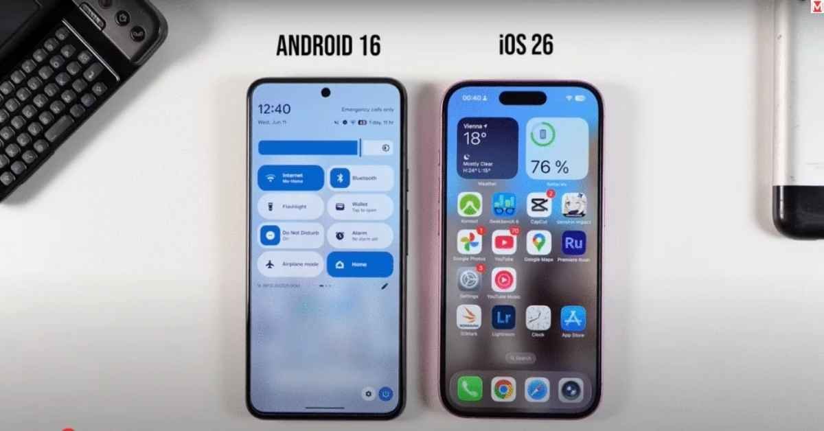 iPhone displaying iOS 26 Home and Lock screens with translucent Liquid Glass UI