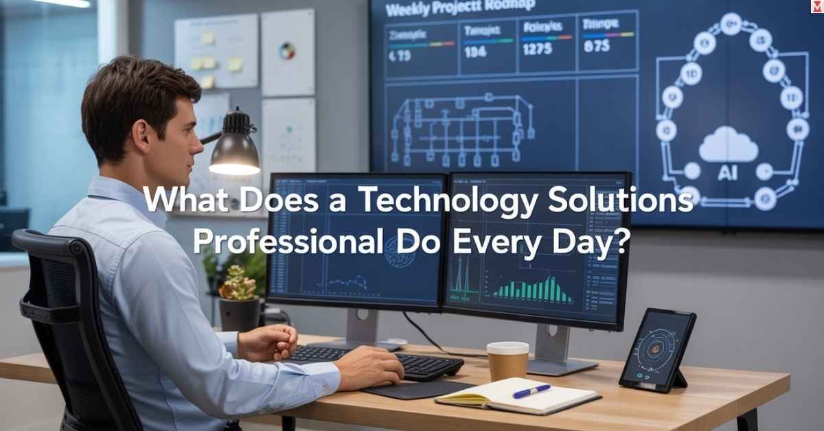 Daily routine of a Technology Solutions Professional analyzing system metrics and leading tech projects
