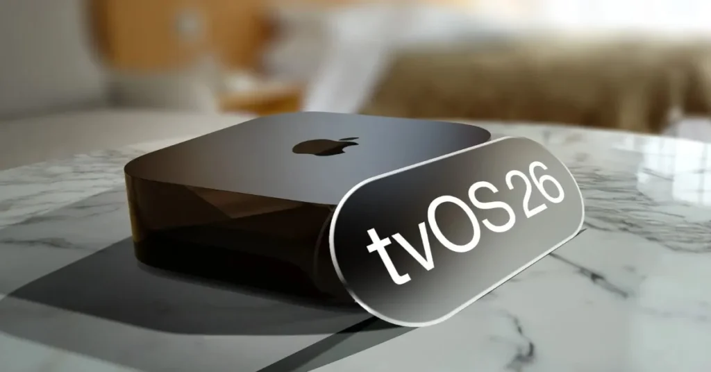 Apple TV with tvOS 26 interface highlighting future-ready features.