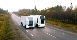 Einride Level 4 cabless electric truck driving on public roads in Belgium.