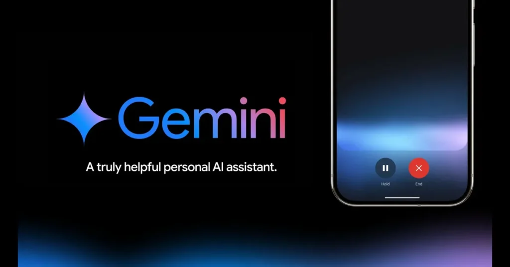 A smartphone displaying Google’s Gemini AI assistant interface, surrounded by icons for Gmail, Drive, YouTube, and Maps, symbolizing integration across Google services.