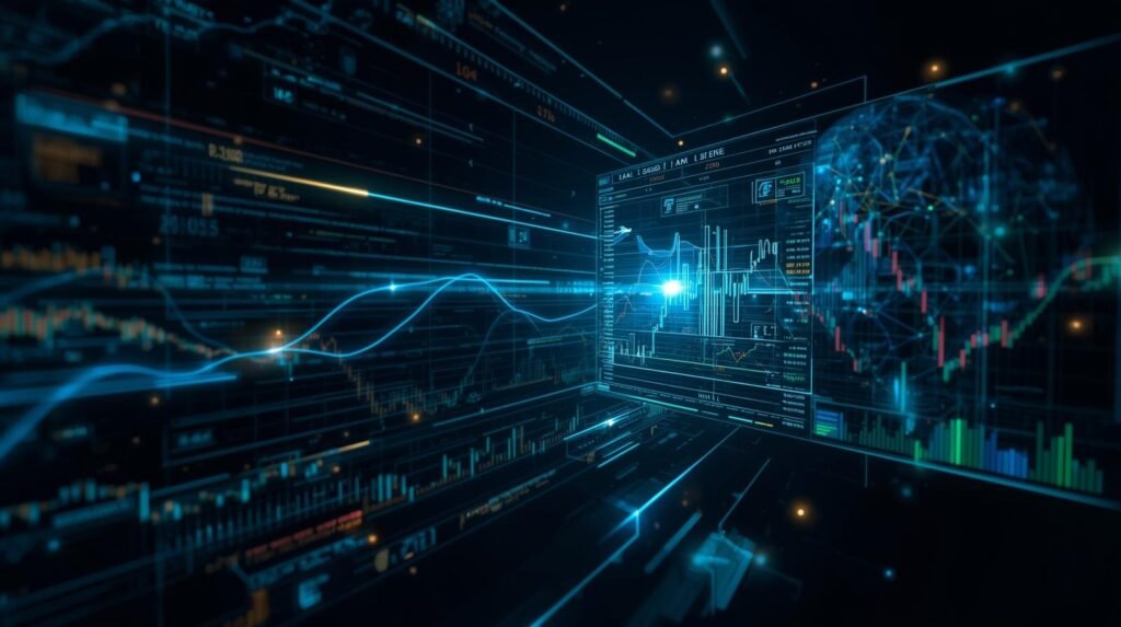 Digital representation of Grok AI analyzing real-time financial market data with graphs, trends, and data streams