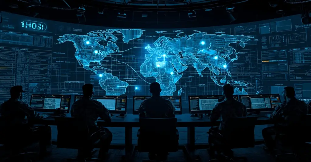 U.S. -military control room with AI-powered holographic maps and mission data streams Description: A futuristic military command center symbolizing how Meta’s Llama AI integrates into U.S.