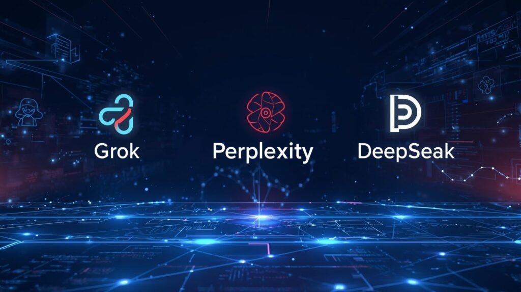 Comparison of three leading AI assistants in 2025: Grok for real-time data analysis, Perplexity for research and citations, and DeepSeek for STEM and problem-solving tasks.