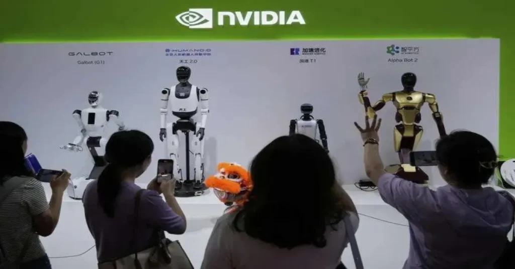 Humanoid robots powered by Nvidia technology on display at a robotics showcase in China.