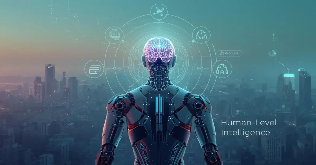 futuristic robot with glowing brain standing among icons for healthcare, education, finance, and science