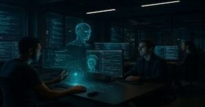 AI coding assistant in futuristic 2026 workspace