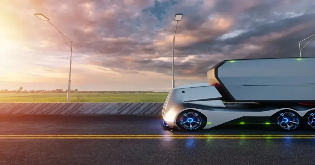 Autonomous electric freight truck boosting efficiency in a logistics hub.