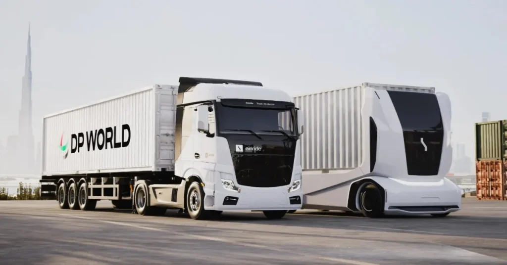 Einride cabless electric truck operating in an international logistics hub.