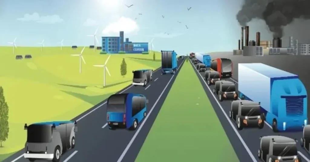 Electric autonomous truck reducing emissions in a busy logistics hub.