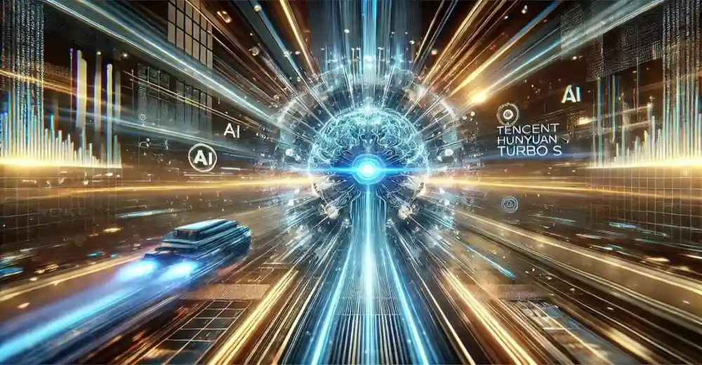 Visualization of Tencent’s Hunyuan Turbo S model delivering high-speed, real-time AI performance.