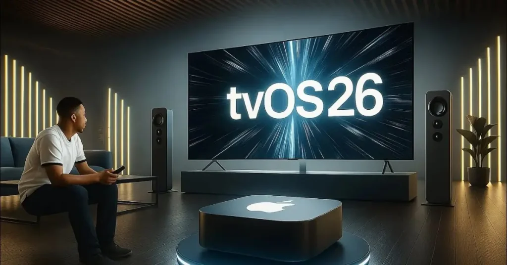 Apple TV showcasing the new Liquid Glass interface in tvOS 26.