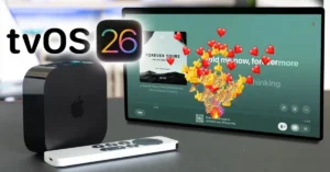 Apple TV running tvOS 26 with the new Liquid Glass interface and profile wake features.