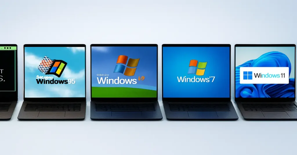 Microsoft Windows OS evolution from Windows 1.0 (1985) to Windows 11 (2021) — showing iconic Start Menu, desktop, and interface changes over time.