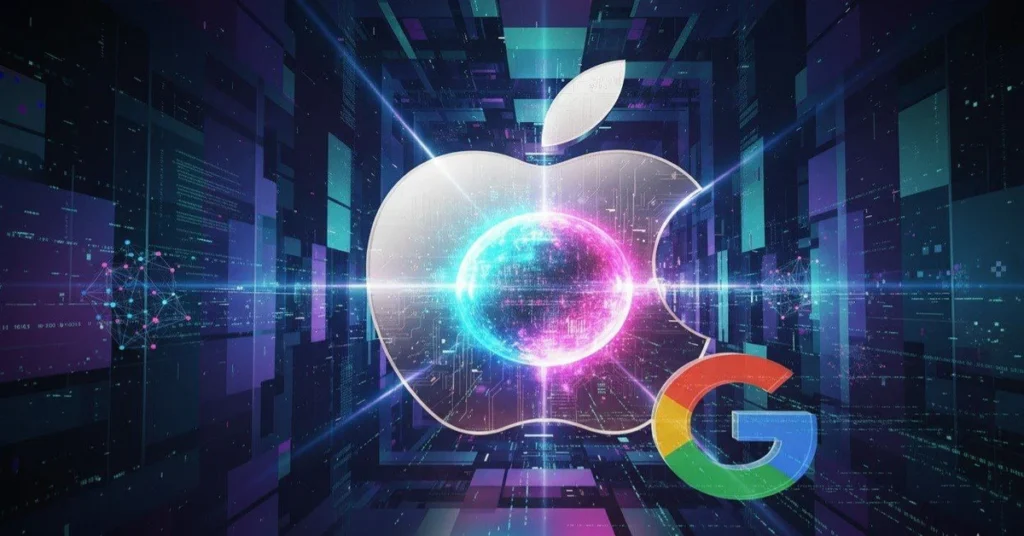 Apple and Google logos over a neon AI core, symbolizing Apple using Google’s 1.2-trillion-parameter model to overhaul Siri.