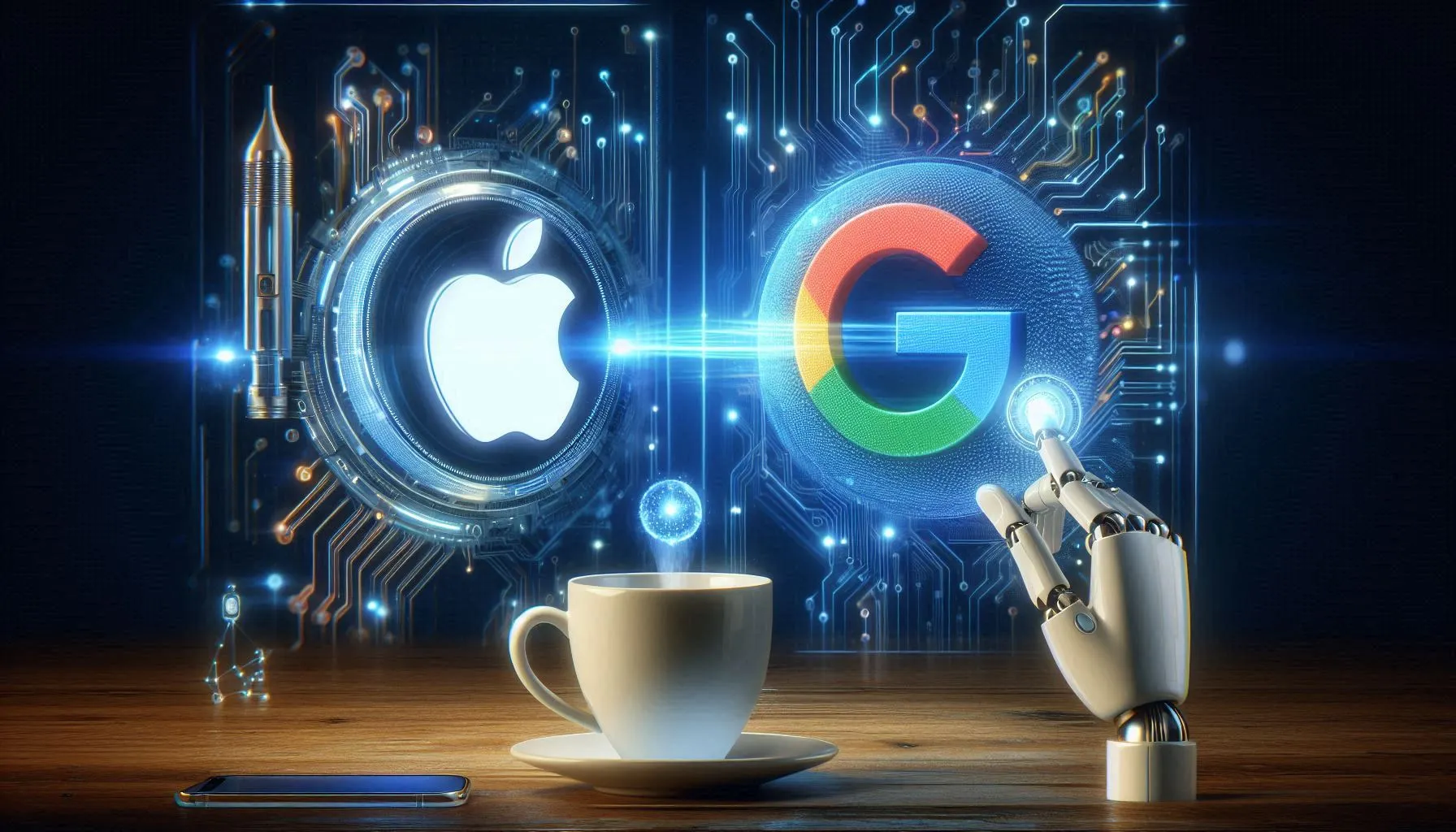Futuristic Apple and Google logos linked by a data beam with a robotic hand and coffee cup, symbolizing Apple using Google’s 1.2T AI to upgrade Siri.