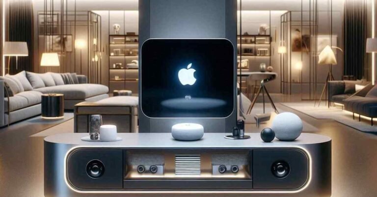Futuristic Apple home setup with Siri device and glowing Apple logo, illustrating a 1.2-trillion-parameter Google AI upgrade.