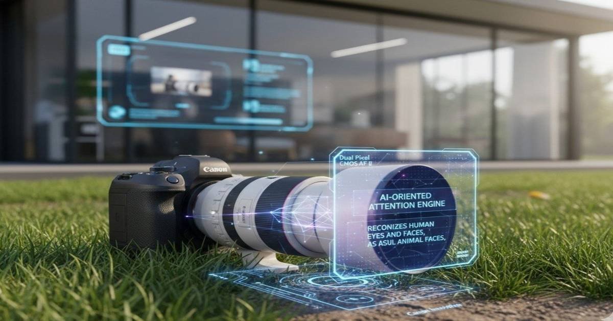 Canon EOS R6 III camera with telephoto lens on grass, featuring AI autofocus and Dual Pixel CMOS AF II interface graphics