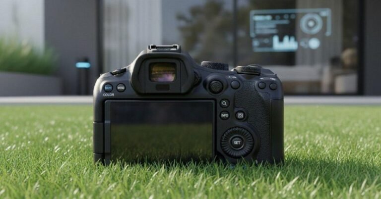 Rear view of the Canon EOS R6 III mirrorless camera resting on grass, highlighting its screen and controls designed for hybrid creators