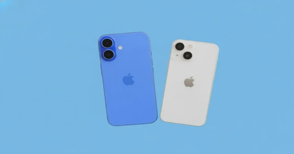 Side-by-side view of the iPhone 13 mini and iPhone 17 showing size and design differences on a wooden surface