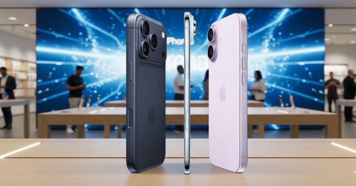 iPhone 17 and iPhone 13 mini displayed side by side inside an Apple Store, highlighting the difference between the 6.3-inch and 5.4-inch screens