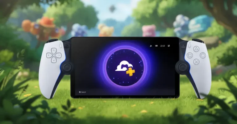 PlayStation Portal handheld streaming a PS5 game from the cloud with PlayStation Plus Premium interface visible.