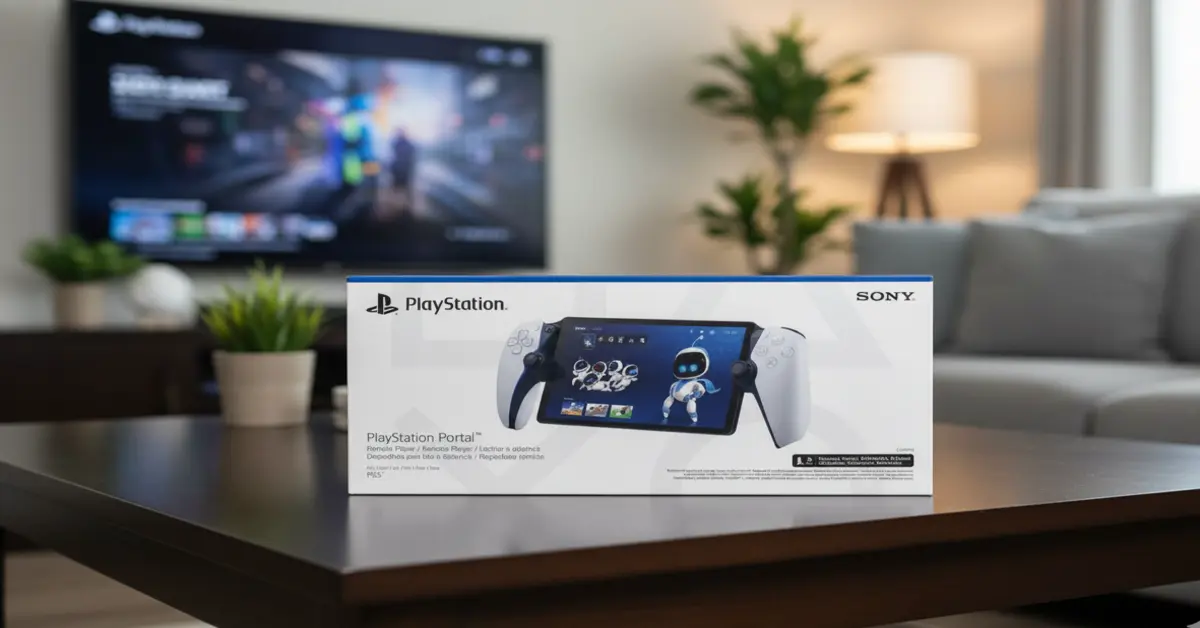 PlayStation Portal handheld showing cloud-streaming library of PS5 games, indicating console-free access.